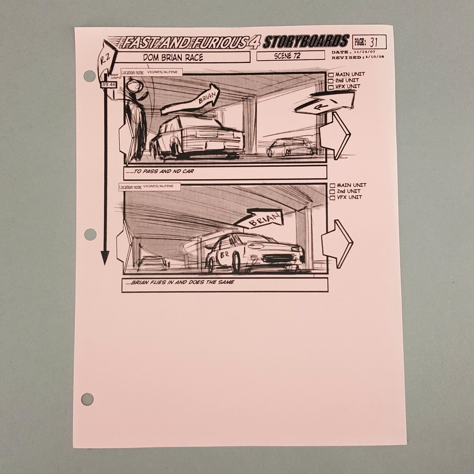 Image 2 of Fast and Furious 4 Production Used Storyboard, Brian Weaves Through Cars p30 COA