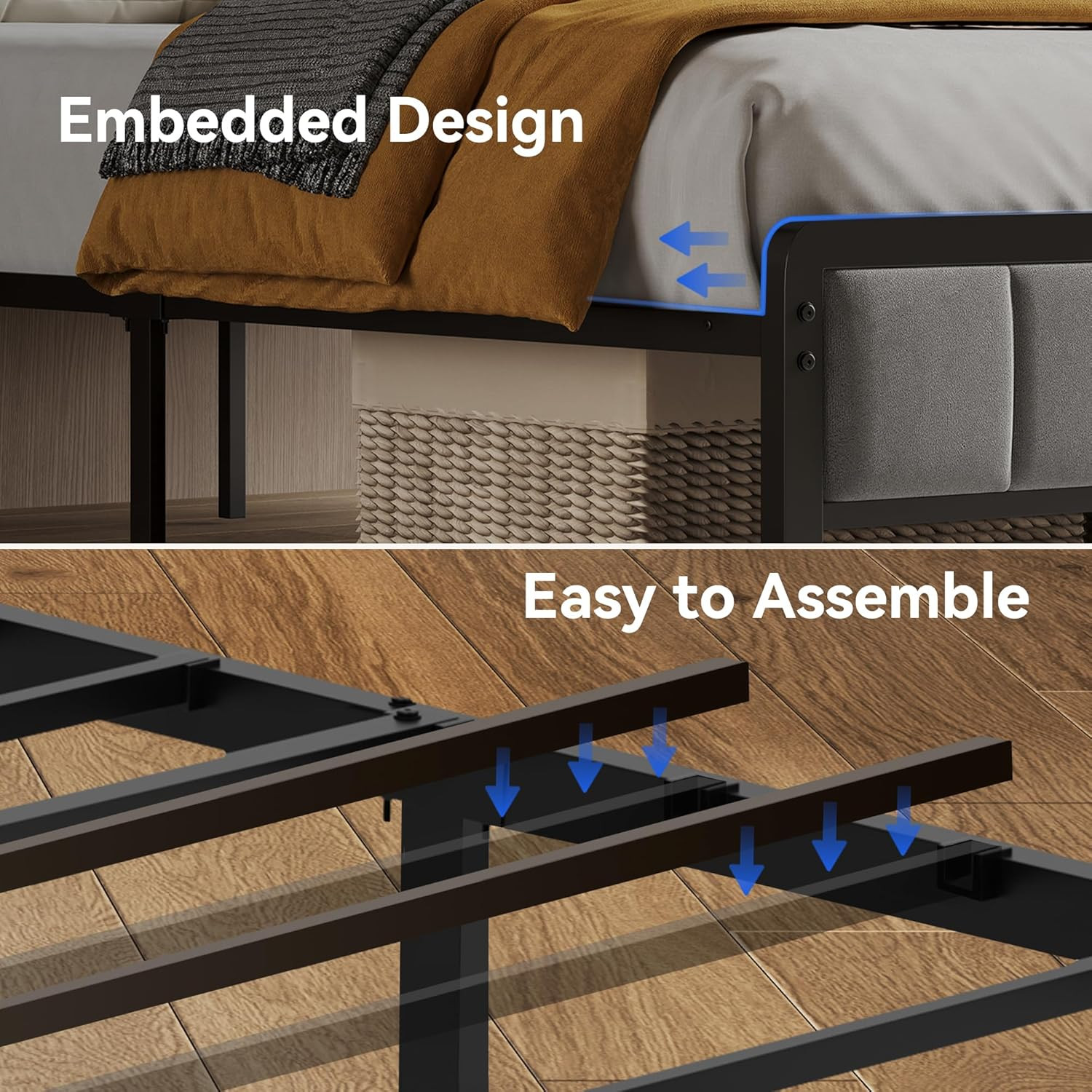Twin Size Bed Frame Metal Platform Bed with Smart LED Lights & Charging Station
