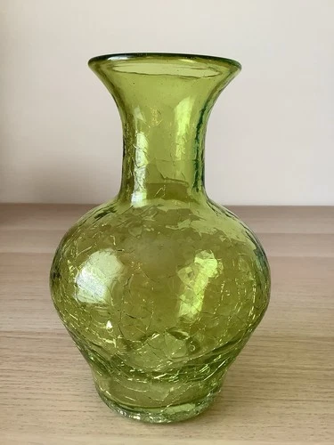 Blenko Green Crackle Art Glass Bottle/ 7.5” Vase