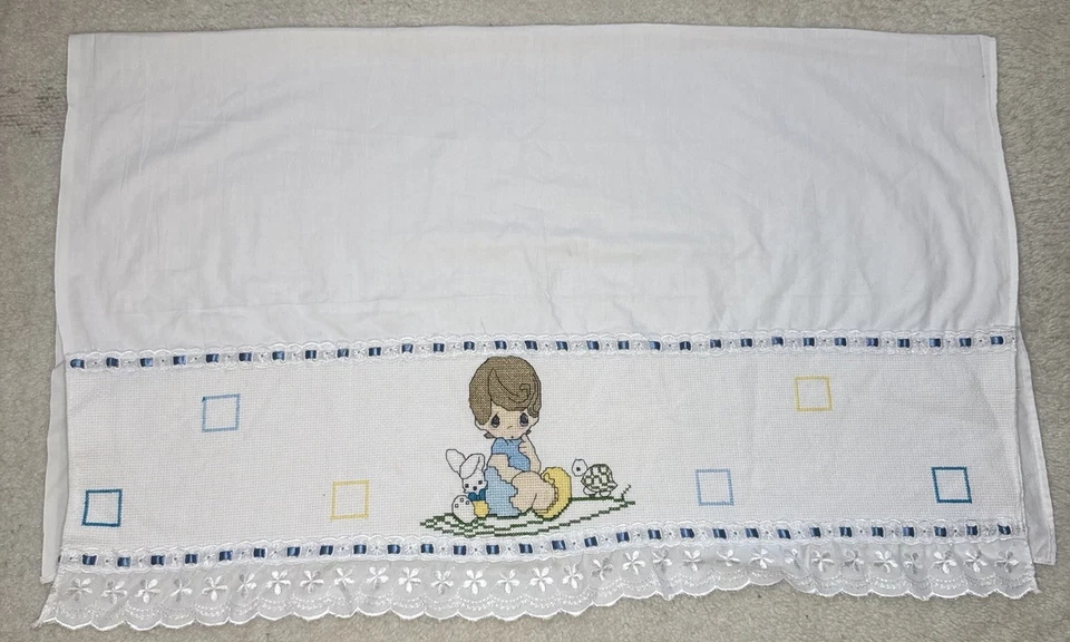 Винтажное детское одеяло Precious Moments простыня для мальчика вышивка крестиком кружево - Изображение 3 из 4