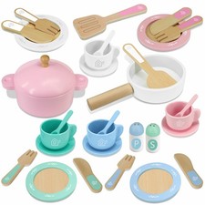 Wooden Plates and Dishes for Kitchen Set, 30PCS Montessori Play Kitchen for T...