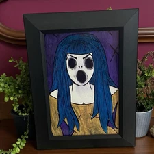 Original Painting Screaming Ghost Girl #10 Blue Hair Halloween Art Ooak Framed