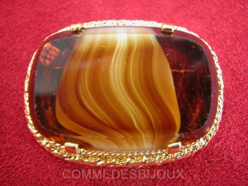 Broche SPHINX vintage rectangle dore et marron marbre pour femme