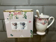 Floris Bone China Coffee Tea Mug with Lid & matching spoon Butterfly design NEW