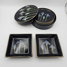 VINTAGE Otagiri Coaster Set & Trinket Dishes Blue Iris Floral Japan Lacquerware