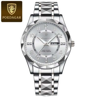 POEDAGAR Armbanduhr Wasserdicht Uhr Leucht Datum Woche Quarz Herrenuhr Edelstahl