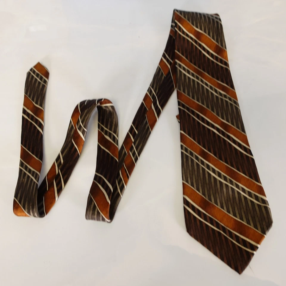 Mulberry Neck Tie Men Brown Silk Striped Abstract Graphic Suit Wide Ziggurat USA - Image 3 of 4