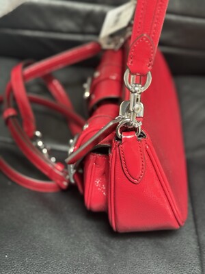 Coach Ashton Baguette Bag Patent Leather CV943 Silver/Red Fast for
