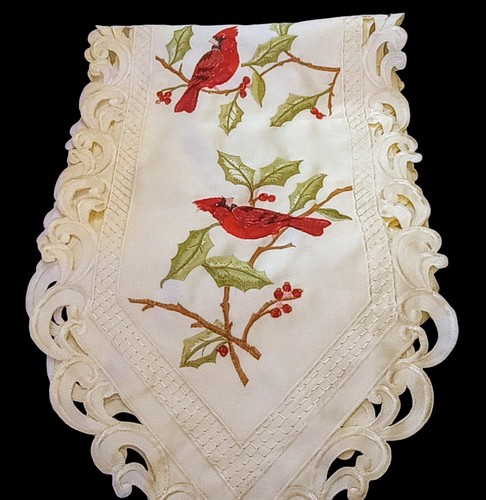 Cardinal Embroidered Table Runner Cardinal & Holly Christmas 69"x13 1/4" - Picture 3 of 3