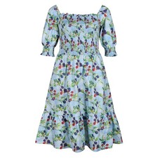 Shirred Midi Dress Blackberry Print Puff Sleeve Rustic Cottagecore BNWT Size 18