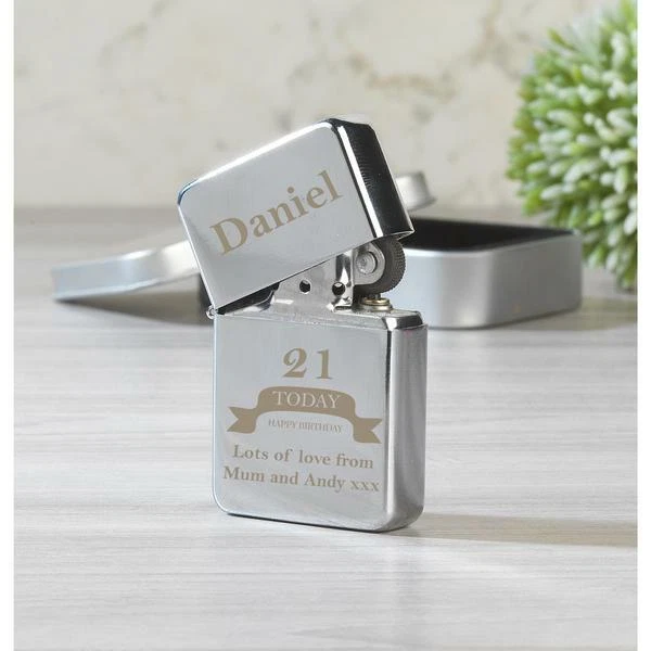 Personalised Birthday Silver Lighter & Gift Box men or women 21st 30th 40th 50th