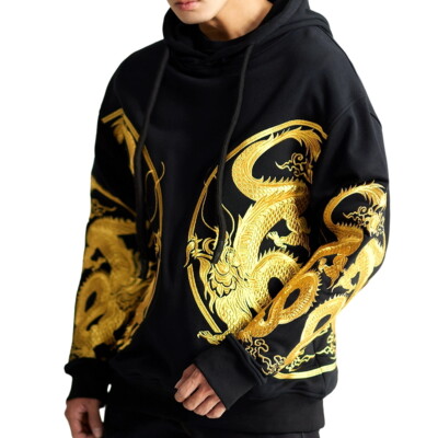 Mens Hoodie Sweatshirt Japanese Pattern Embroidery Hooded
