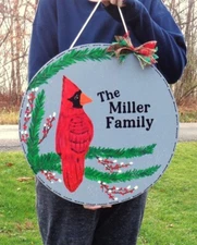 PERSONALIZED Name CARDINAL CIRCLE SIGN Door Welcome Winter Christmas Plaque