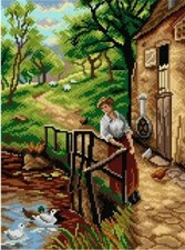 "Young Lady at the Mill" Printed Canvas for Tapestry Needlepoint Orchidea 2901J