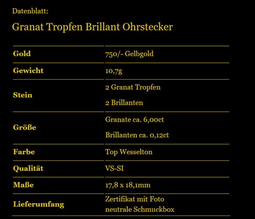 Attraktive Granat Brillant Ohrstecker ca. 6,12ct 10,7g 750/- Gelbgold - Bild 7 von 7