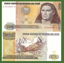 Peru P134b, 500 Intis, Tupac Amaru II /  mountain climber in Andes mountains UNC