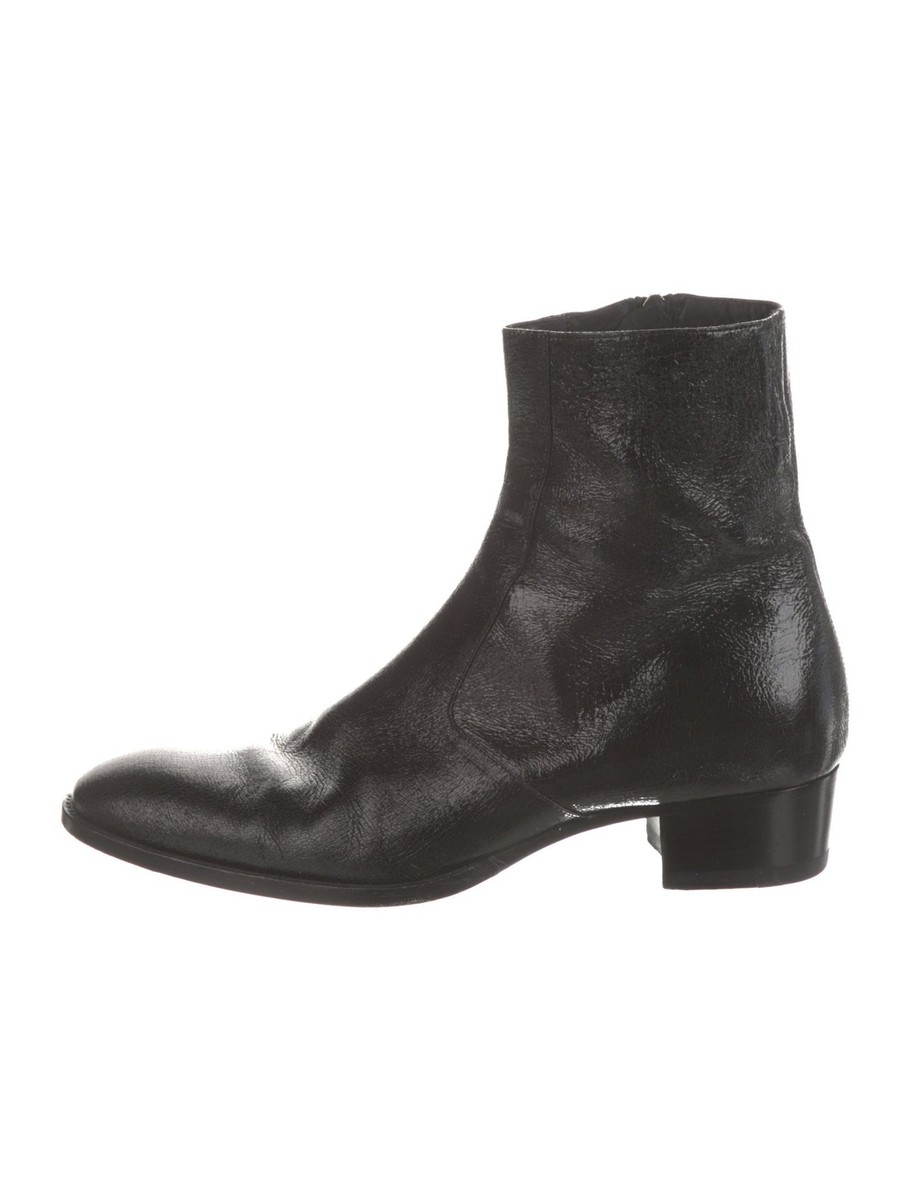 SAINT LAURENT Mens Black Crinkled Leather Western Zip Up SAINT LAURENT Mens Black Crinkled Leather Western Zip Up