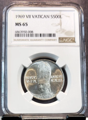 1969 VATICAN SILVER 500 LIRE PAUL VI ANGEL NGC MS 65 GEM BU BEAUTIFUL COIN