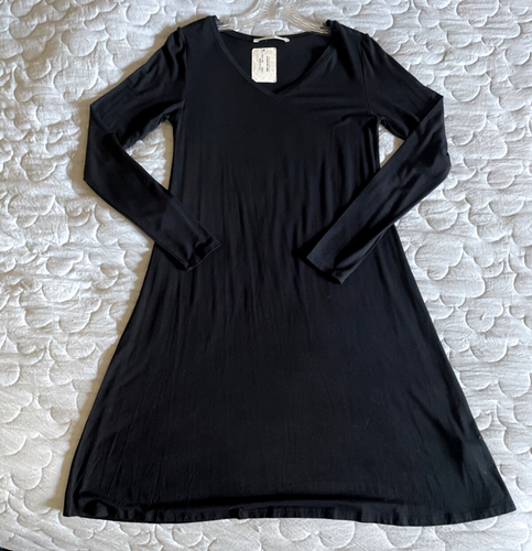 Peruvian Connection ausgestelltes schwarzes Kleid V-Ausschnitt Langarm Viskose SMALL neu mit Etikett NEU!!