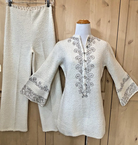 Vtg 60s St John Knits Ivory White Wool Pant Suit Silver Embroidery Jewels Sz M/L