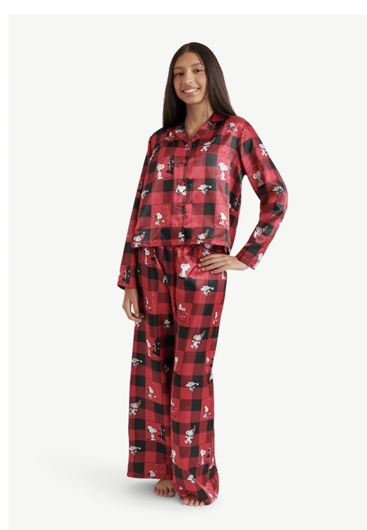 Snoopy Girls Red Check LS Notch Collar 2 PC Pajama Set NWT