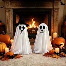 LED Lit Dog Specter with Witch Hat 48 70cm White Black Halloween Decor