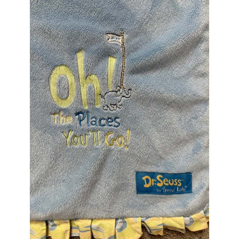 Oh the places You'll go Dr Seuss blue baby blanket - crib - minky - ruffle edge - Image 3 of 4