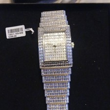 Silver Rectangular Dress Wristwatch Diamond Pattern Dial Crystal Accents
