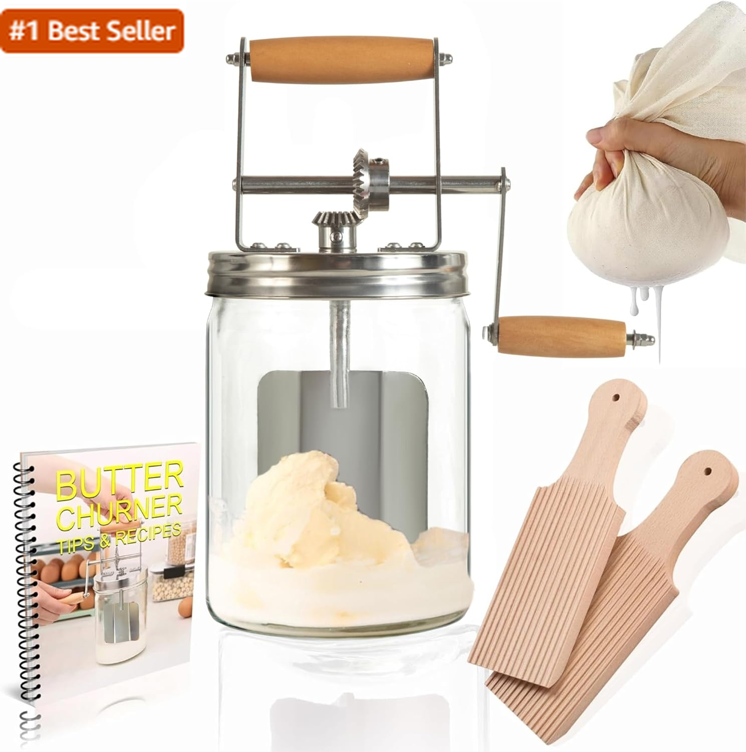 Vintage Dazey Butter Churner Set with Cheese Cloth, Wooden Paddles & Recipe Book - Hand Crank