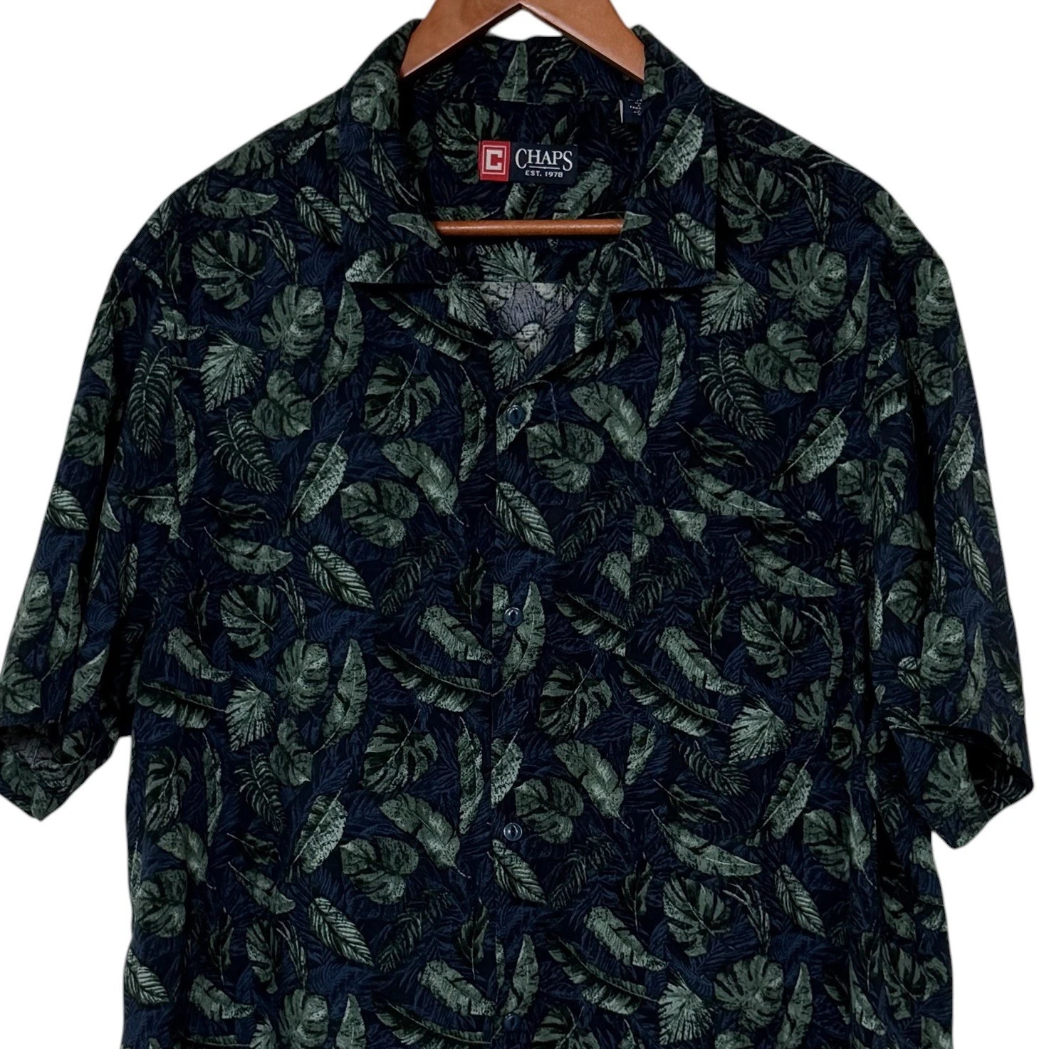 Chaps Mens XL Hawaiian Camp Shirt Blue Green Tropical Leaf Rayon Button Front