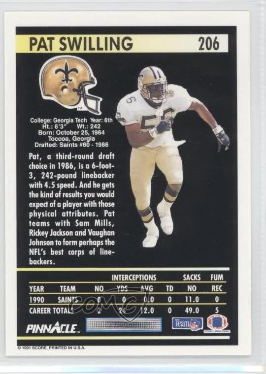 1991 Pinnacle Pat Swilling #206 7l6 - Image 2 of 3
