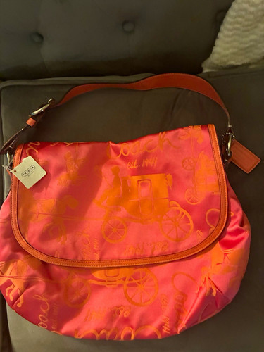 Coach Pink Orange Horse & Carriage Logo Shoulder Bag Zip Hang Tag Silver
