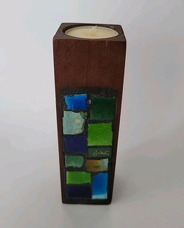 Vintage MCM Signed Jon Matin Pottery Inlay Mosaic Votive Candle Holder