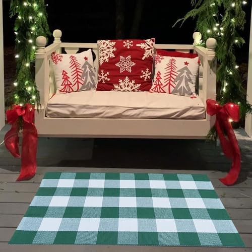 Grün und Weiß Büffel Karo Outdoor Teppich Frühling Türmatte Lagenlook Teppich - Bild 3 von 7