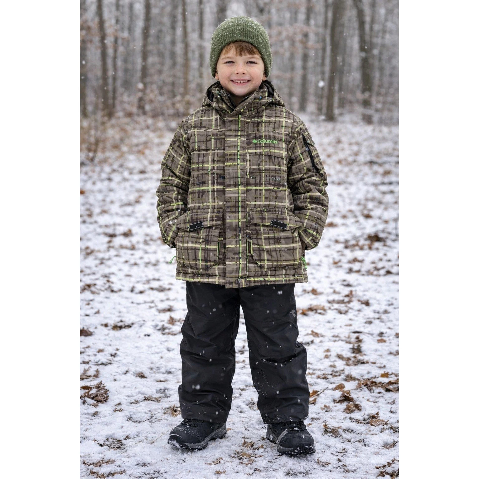 Columbia Jacket Youth 8 Brown Green Plaid Fleece Lined Insulate Outdoor Gorpcore