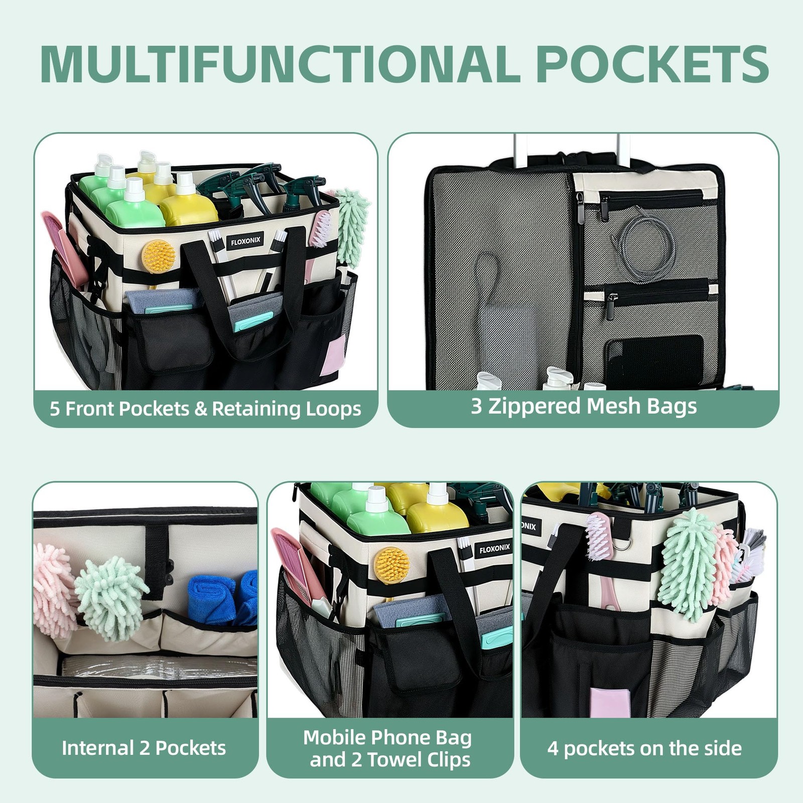 Large Rolling Cleaning Caddy Bag with Wheels, with Detachable Trolley, Cleani...