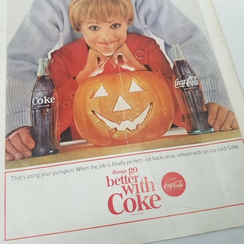 1964 Coca Cola Halloween Ad Pumpkin Jack O Lantern Magazine Ad Coke Original