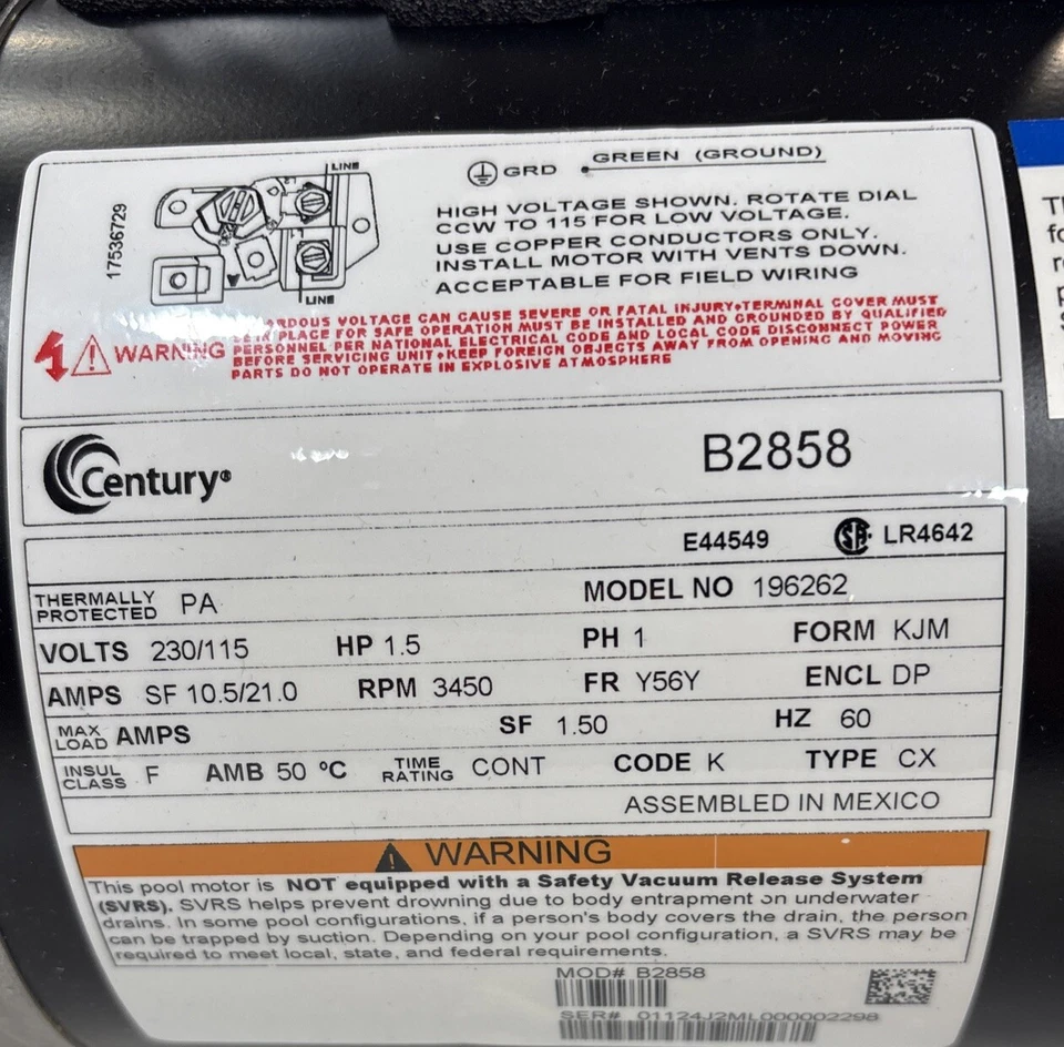 A.O. Smith B2858 1.5HP 230/115V Square Flange Replacement Motor - Image 3 of 3