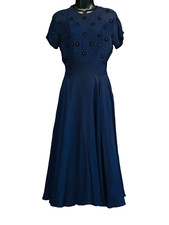 Vintage 1940s blue sheer dress, navy velvet floral formal short sleeve midi XS S