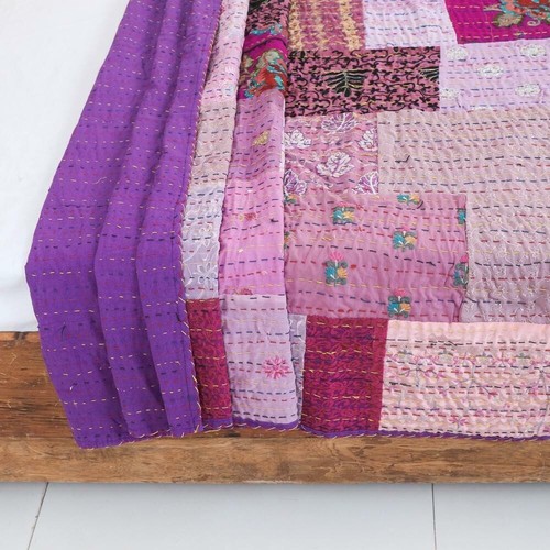 Indian Handmade Kantha Quilt Twin Reversible Purple Bedspread Patchwork Throw - Picture 3 of 5