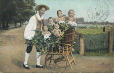 Surrealism multi babies flowers cart fantasy greetings 1904