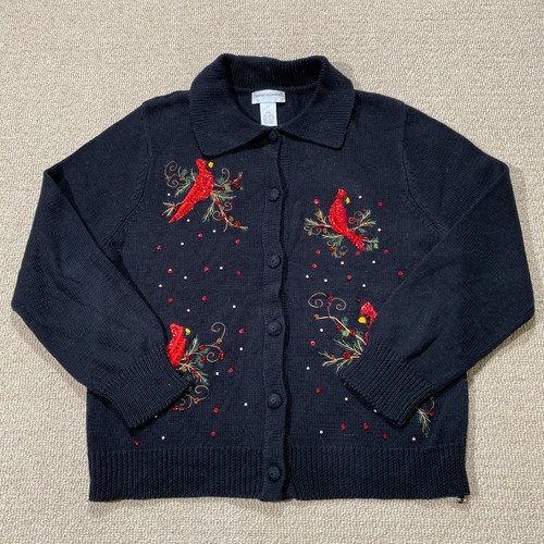 VINTAGE Drapers & Damons Cardigan Womens XL Petites Black Bird Sequin Christmas