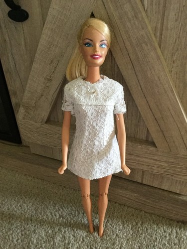 Barbie Doll Dress 60's 70's Style White Color Silver Metallic Thread Short Sleev
