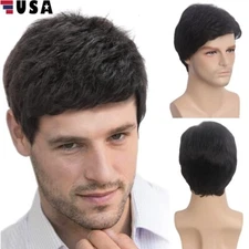 Handsome Adult Men Short Wavy Wig Natural Black Cosplay Party Layered Full Hair