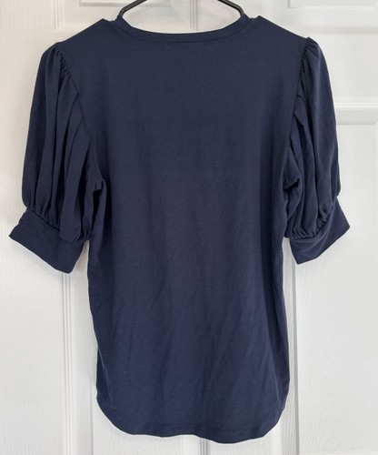 FRAME Frankie Puff Ruched Sleeve T-Shirt Size Small Navy Blue - Picture 2 of 5