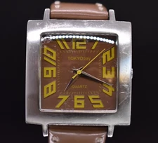 Tokyobay Tokyo Bay Tram Stitch Watch Square Silver Tone Leather NEW BATTERY