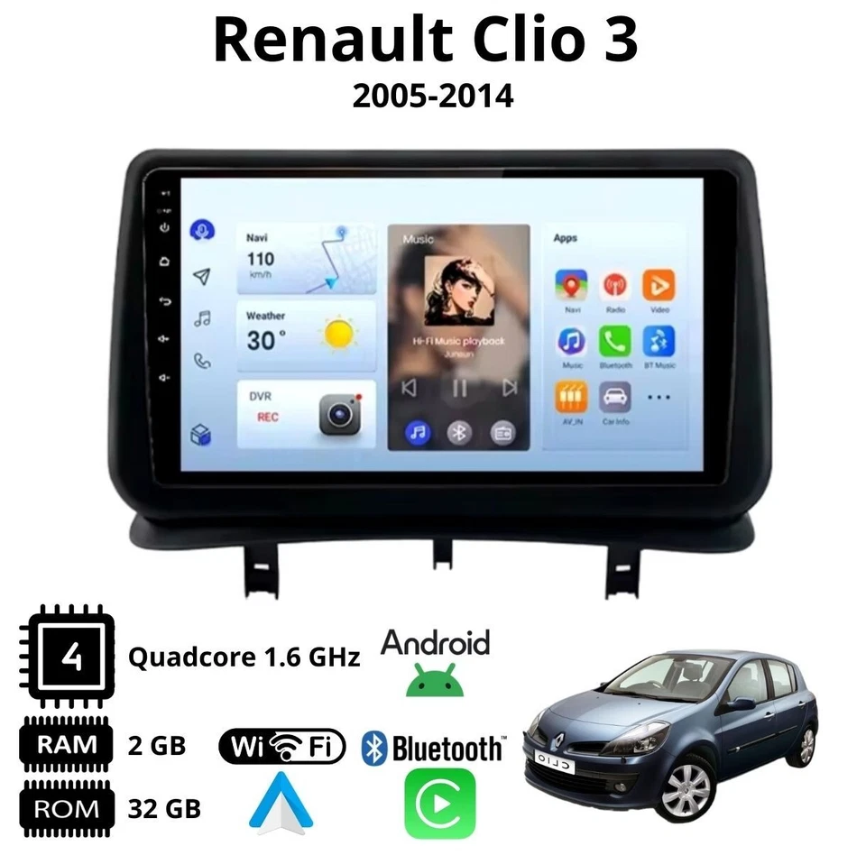 Autoradio per Renault Clio 3 Dal 2005 Al 2014 stereo Android 9 Pollici - Immagine 2 di 4