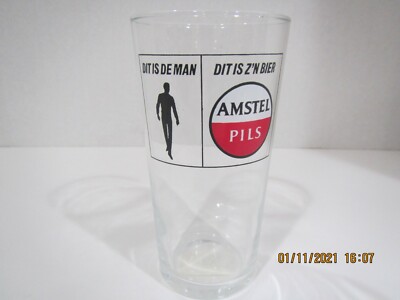 #B VINTAGE AMSTEL Bier Beer Glass AMSTEL PILS Dit Is De Man BIER Glass 5'' high