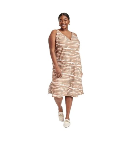 A New Day Womens Size L Brown Zebra Silky Side-Slit Sleeveless Slip Dress