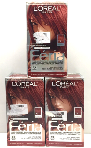 3 x L'Oreal Paris Feria Multi-Faceted Shimmering Color 77 Bright Auburn Hair Dye - Picture 1 of 6